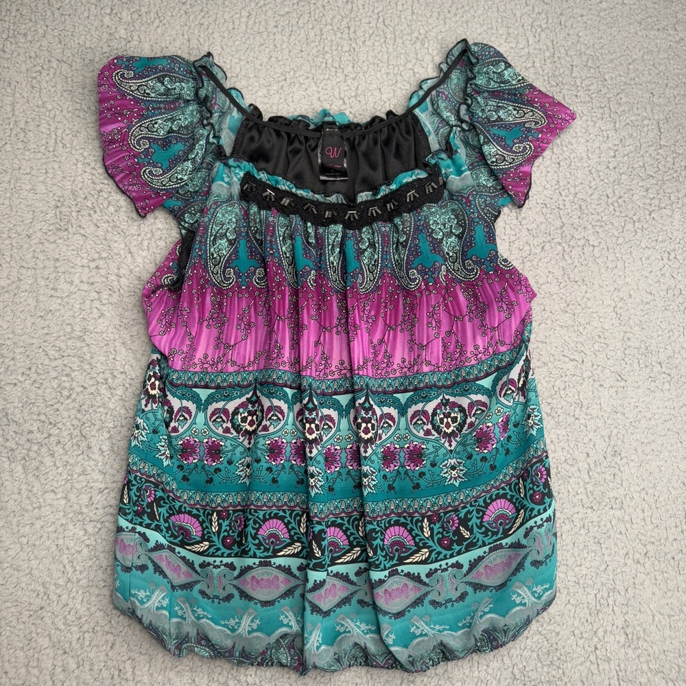 Wrapper boho paisley peasant top beaded flutter sleeve blue pink size XL Y2K - Picture 2 of 8